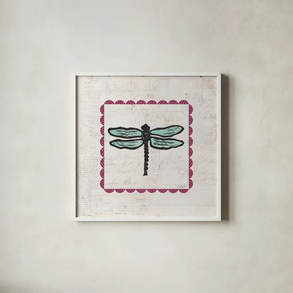 Dragonfly Stamp Bright by Courtney Prahl. Shown in a crisp white glass frame for a clean and minimalist style. Available as an archival giclee rolled canvas, fine art paper, or poster print. SKU 42870a.