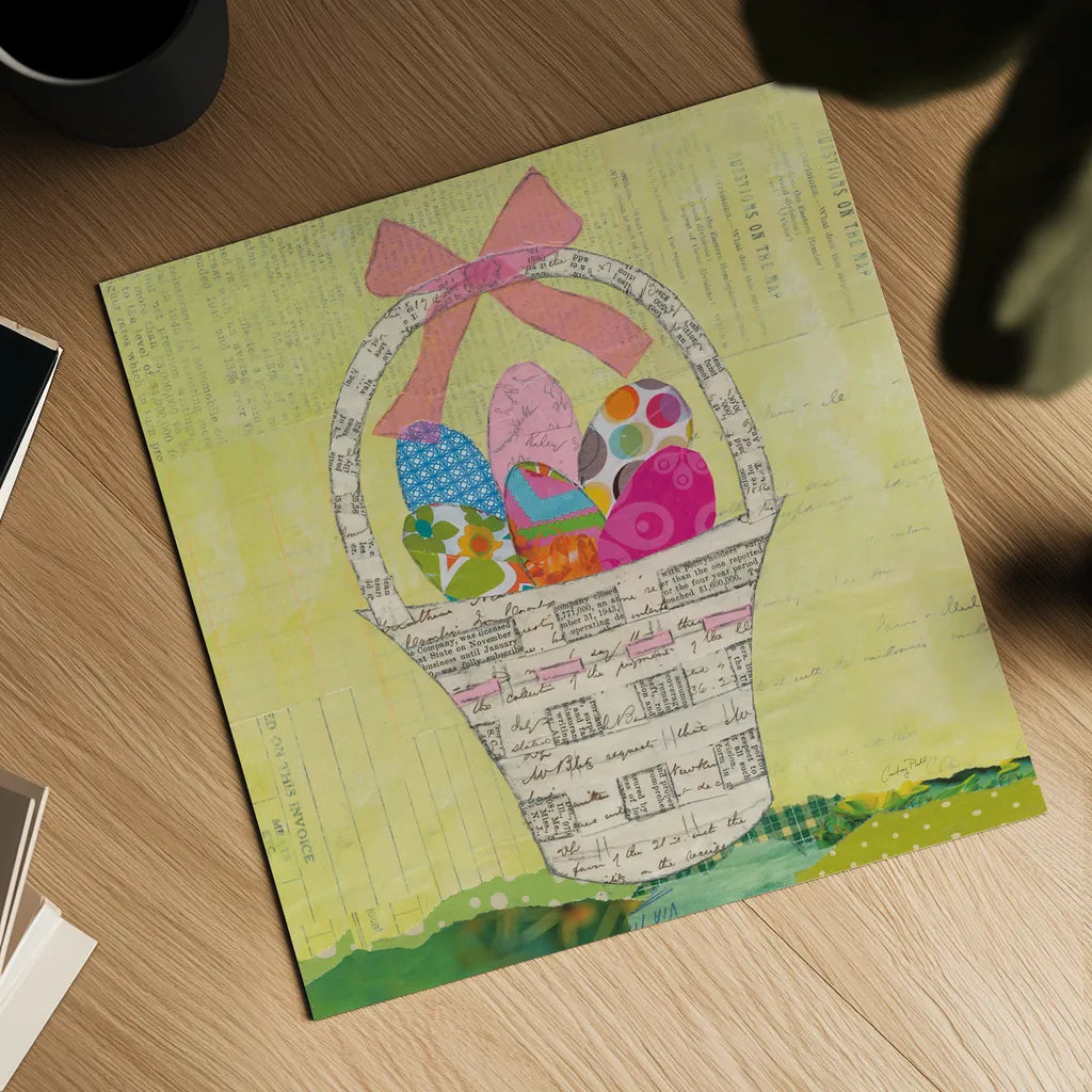 Easter Basket Delight Square by Courtney Prahl. Shown as a detailed flat fine art print, highlighting archival giclee quality. Available as an archival giclee rolled canvas, fine art paper, or poster print. SKU 52383a.