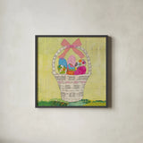 Easter Basket Delight Square by Courtney Prahl. Shown in a sleek black glass frame for a contemporary gallery look. Available as an archival giclee rolled canvas, fine art paper, or poster print. SKU 52383a.