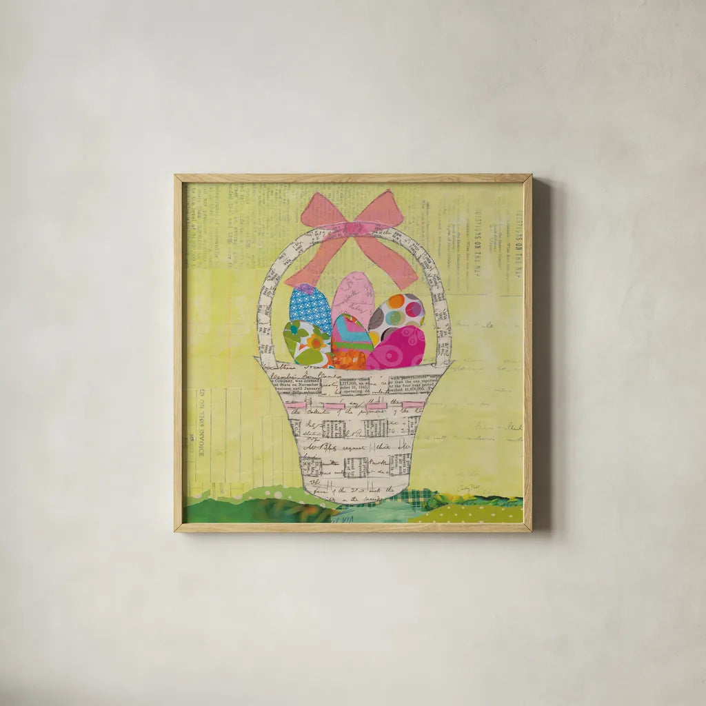 Easter Basket Delight Square by Courtney Prahl. Shown in a natural wood glass frame for a timeless modern aesthetic. Available as an archival giclee rolled canvas, fine art paper, or poster print. SKU 52383a.