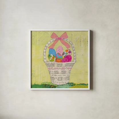 Easter Basket Delight Square by Courtney Prahl. Shown in a crisp white glass frame for a clean and minimalist style. Available as an archival giclee rolled canvas, fine art paper, or poster print. SKU 52383a.