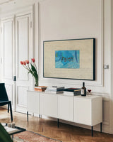 Faith Collage by Courtney Prahl. shown as a framed stretched canvas in a living room above a console. Available as a archival giclee rolled canvas, fine art paper, or poster print. SKU 52560i.