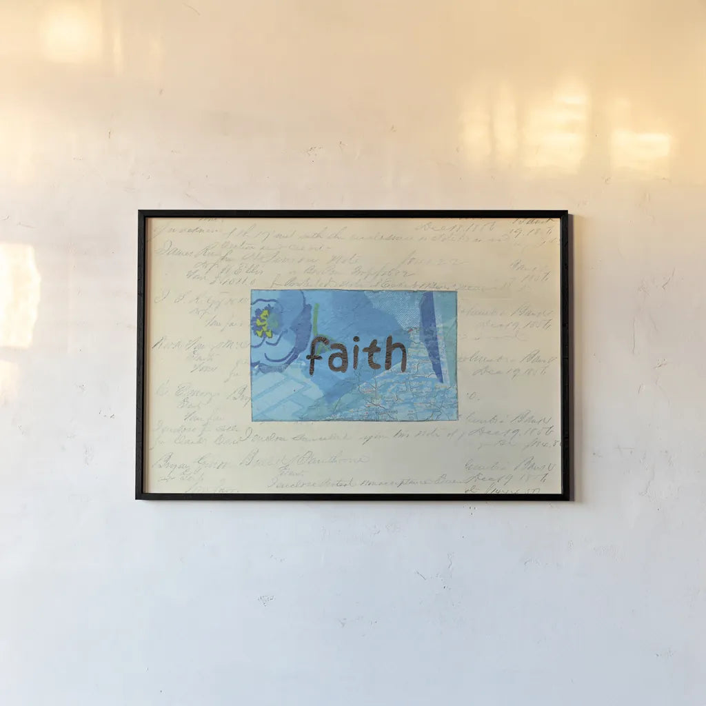 Faith Collage by Courtney Prahl. shown as a paper print in a black flame. Available as a archival giclee rolled canvas, fine art paper, or poster print. SKU 52560i.