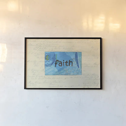 Faith Collage by Courtney Prahl. shown as a paper print in a black flame. Available as a archival giclee rolled canvas, fine art paper, or poster print. SKU 52560i.