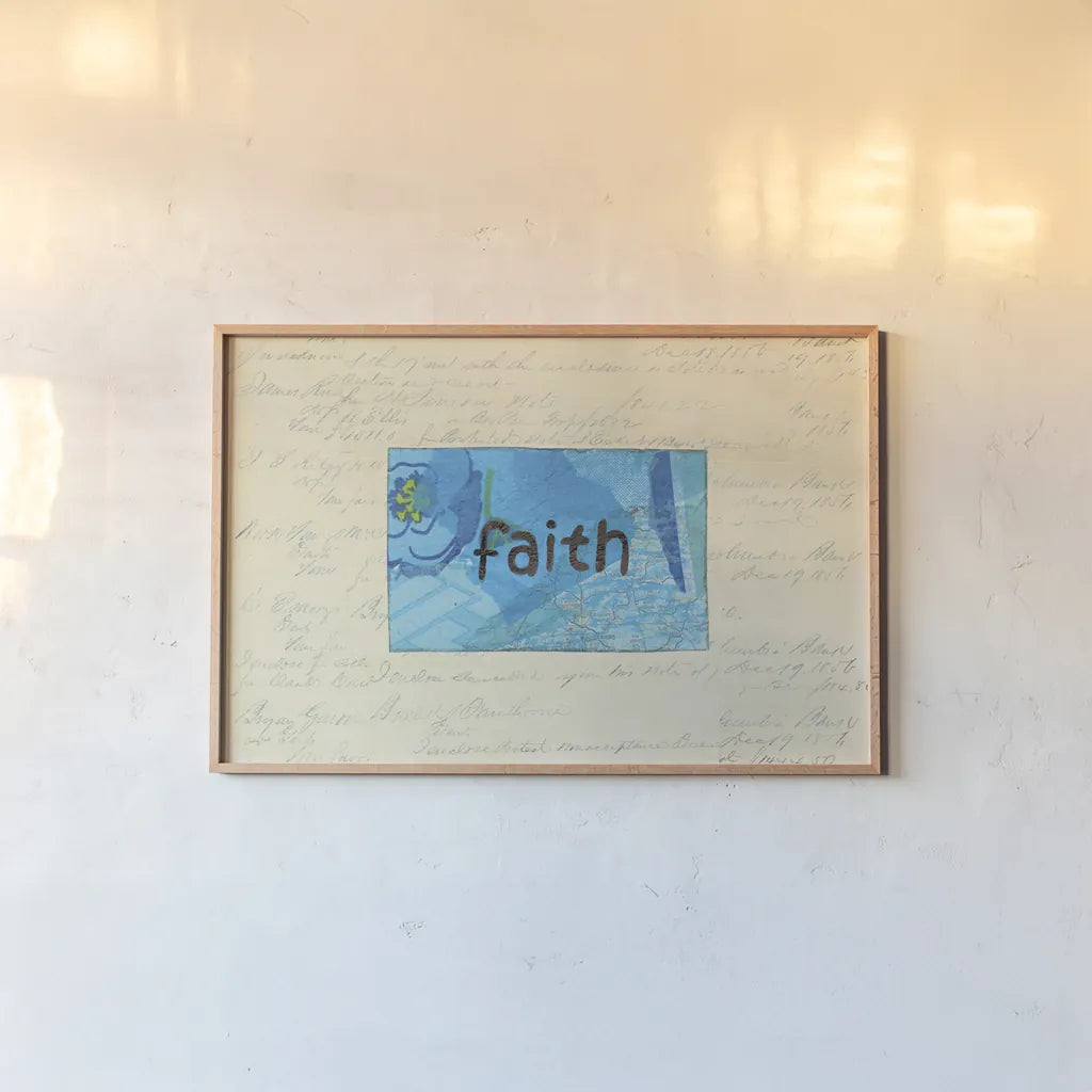 Faith Collage by Courtney Prahl. shown as a paper print in a natural frame. Available as a archival giclee rolled canvas, fine art paper, or poster print. SKU 52560i.