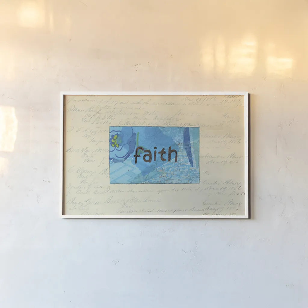 Faith Collage by Courtney Prahl. shown as a paper print in a white frame. Available as a archival giclee rolled canvas, fine art paper, or poster print. SKU 52560i.