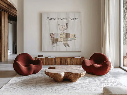 Farm Family VII by Courtney Prahl. Shown as extra-large giant wall art in a modern living room. Available as an archival giclee rolled canvas, fine art paper, or poster print. SKU 34394a.