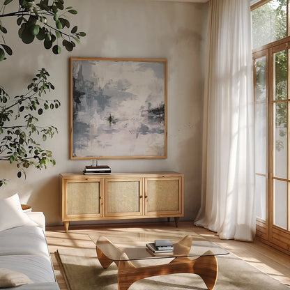 Finale I by Courtney Prahl. Shown in a natural wood frame in a cozy modern living room. Available as an archival giclee rolled canvas, fine art paper, or poster print. SKU 64281a.