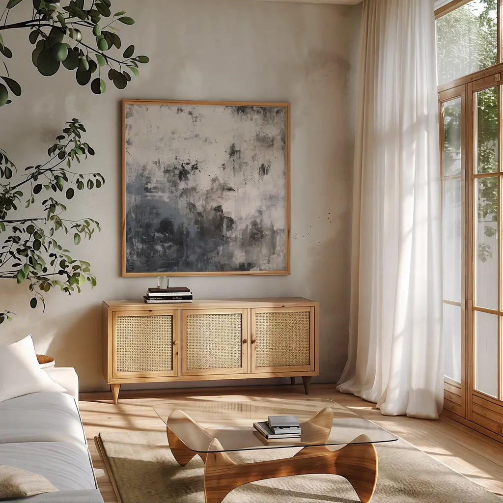 Finale II by Courtney Prahl. Shown in a natural wood frame in a cozy modern living room. Available as an archival giclee rolled canvas, fine art paper, or poster print. SKU 64282a.