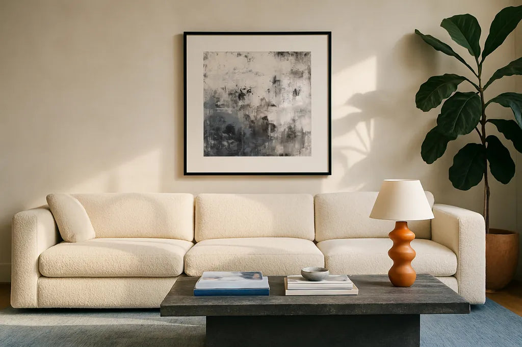 Finale II by Courtney Prahl. Displayed in a glass frame with matte in a clean modern living room. Available as an archival giclee rolled canvas, fine art paper, or poster print. SKU 64282a.