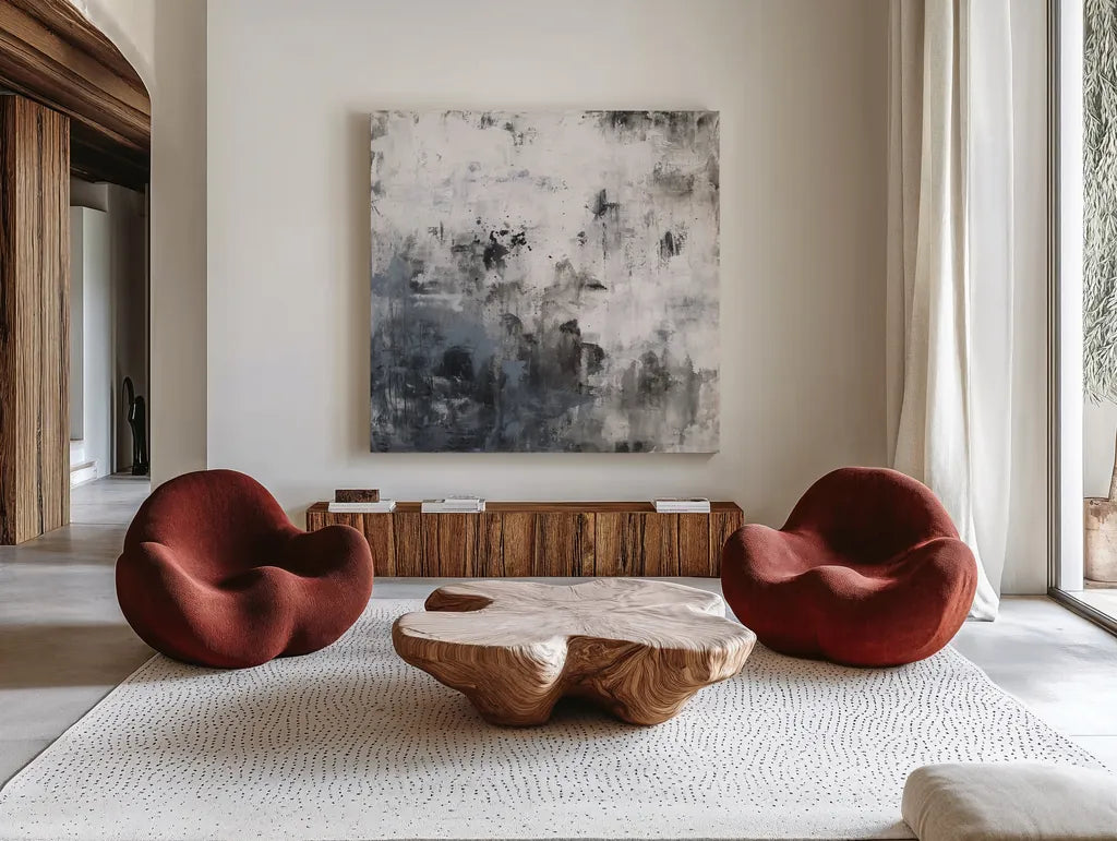 Finale II by Courtney Prahl. Shown as extra-large giant wall art in a modern living room. Available as an archival giclee rolled canvas, fine art paper, or poster print. SKU 64282a.
