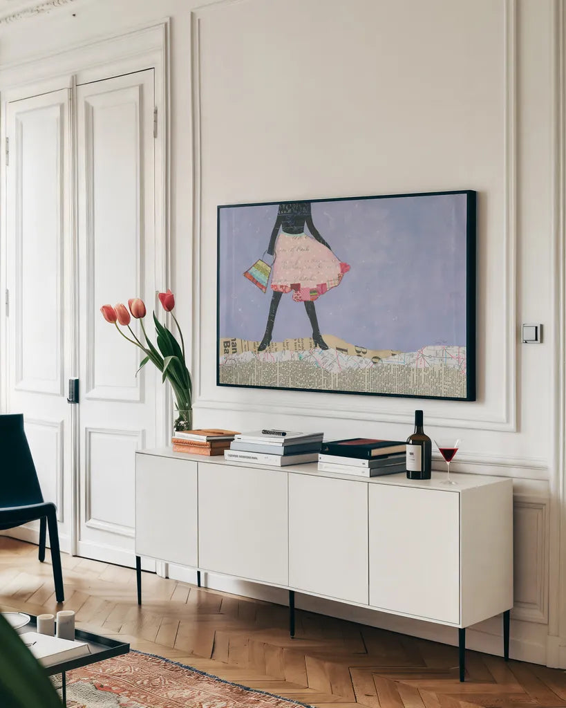 Flirty Skirts III by Courtney Prahl. shown as a framed stretched canvas in a living room above a console. Available as a archival giclee rolled canvas, fine art paper, or poster print. SKU 34071i.