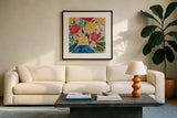 Floral Gift I by Courtney Prahl. Displayed in a glass frame with matte in a clean modern living room. Available as an archival giclee rolled canvas, fine art paper, or poster print. SKU 103367a.