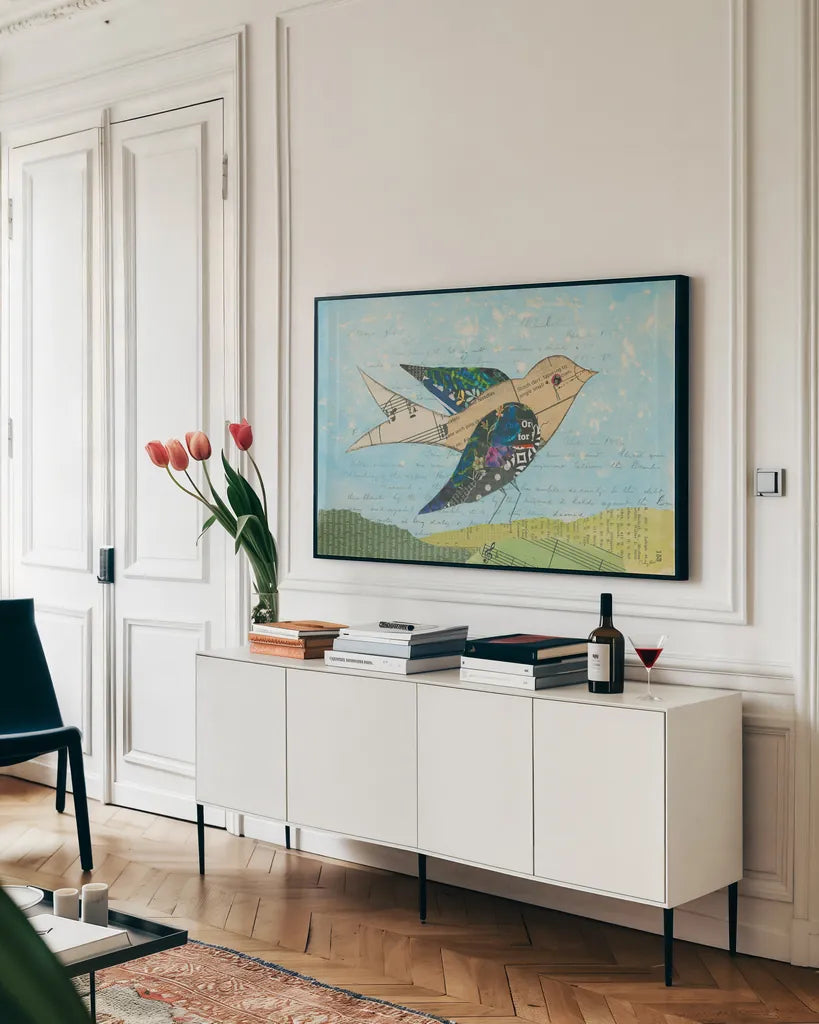 Flutter I by Courtney Prahl. shown as a framed stretched canvas in a living room above a console. Available as a archival giclee rolled canvas, fine art paper, or poster print. SKU 53878i.