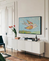 Flutter III by Courtney Prahl. shown as a framed stretched canvas in a living room above a console. Available as a archival giclee rolled canvas, fine art paper, or poster print. SKU 52440i.