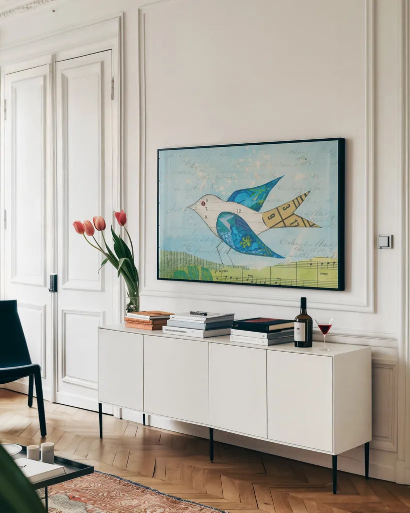 Flutter IV by Courtney Prahl. shown as a framed stretched canvas in a living room above a console. Available as a archival giclee rolled canvas, fine art paper, or poster print. SKU 52441i.