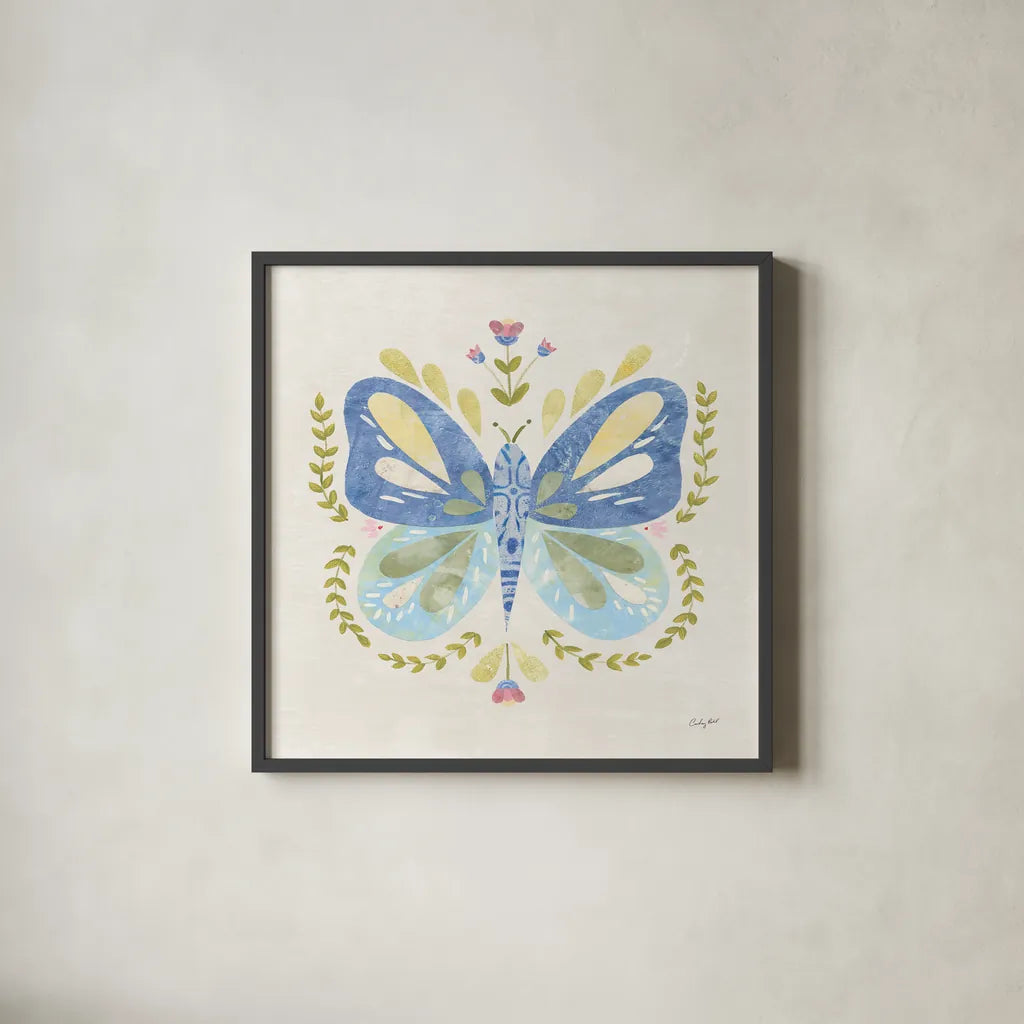 Folk Cottage I by Courtney Prahl. Shown in a sleek black glass frame for a contemporary gallery look. Available as an archival giclee rolled canvas, fine art paper, or poster print. SKU 84081a.