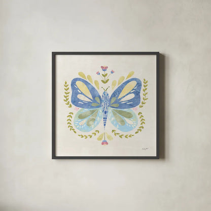 Folk Cottage I by Courtney Prahl. Shown in a sleek black glass frame for a contemporary gallery look. Available as an archival giclee rolled canvas, fine art paper, or poster print. SKU 84081a.