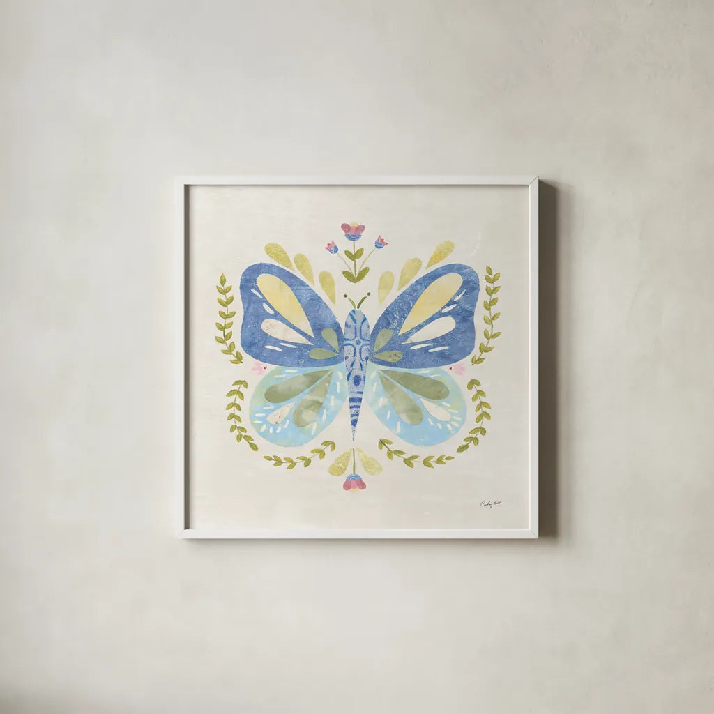 Folk Cottage I by Courtney Prahl. Shown in a crisp white glass frame for a clean and minimalist style. Available as an archival giclee rolled canvas, fine art paper, or poster print. SKU 84081a.