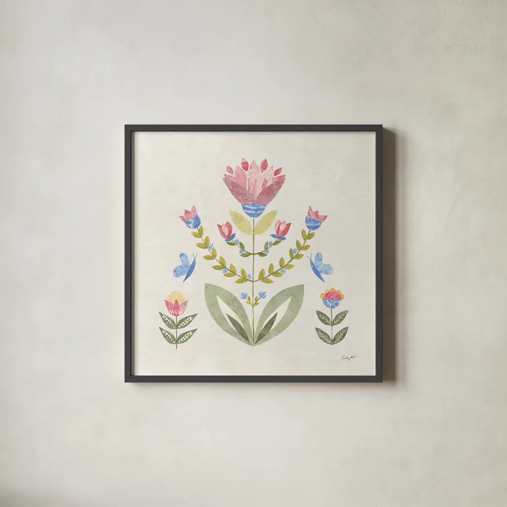 Folk Cottage II by Courtney Prahl. Shown in a sleek black glass frame for a contemporary gallery look. Available as an archival giclee rolled canvas, fine art paper, or poster print. SKU 84082a.