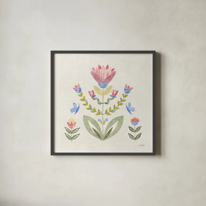 Folk Cottage II by Courtney Prahl. Shown in a sleek black glass frame for a contemporary gallery look. Available as an archival giclee rolled canvas, fine art paper, or poster print. SKU 84082a.