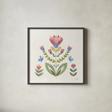 Folk Cottage II Bright by Courtney Prahl. Shown in a sleek black glass frame for a contemporary gallery look. Available as an archival giclee rolled canvas, fine art paper, or poster print. SKU 84201a.
