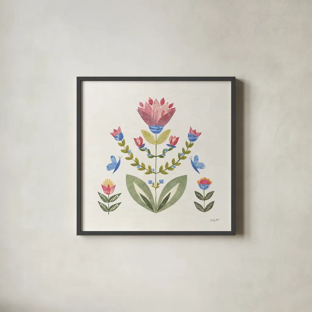 Folk Cottage II Bright by Courtney Prahl. Shown in a sleek black glass frame for a contemporary gallery look. Available as an archival giclee rolled canvas, fine art paper, or poster print. SKU 84201a.