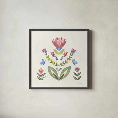 Folk Cottage II Bright by Courtney Prahl. Shown in a sleek black glass frame for a contemporary gallery look. Available as an archival giclee rolled canvas, fine art paper, or poster print. SKU 84201a.