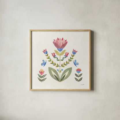 Folk Cottage II Bright by Courtney Prahl. Shown in a natural wood glass frame for a timeless modern aesthetic. Available as an archival giclee rolled canvas, fine art paper, or poster print. SKU 84201a.