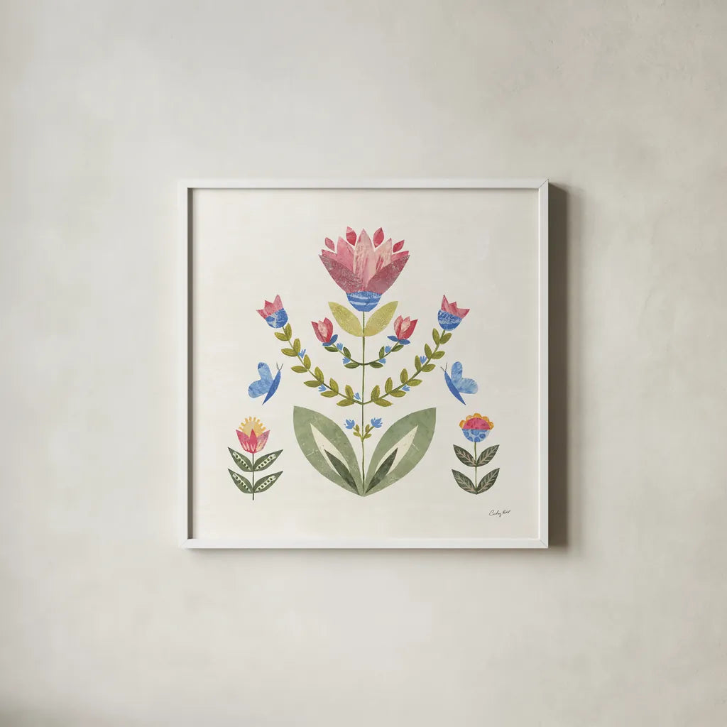 Folk Cottage II Bright by Courtney Prahl. Shown in a crisp white glass frame for a clean and minimalist style. Available as an archival giclee rolled canvas, fine art paper, or poster print. SKU 84201a.