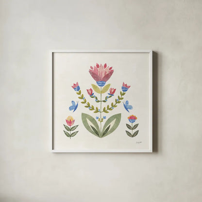 Folk Cottage II Bright by Courtney Prahl. Shown in a crisp white glass frame for a clean and minimalist style. Available as an archival giclee rolled canvas, fine art paper, or poster print. SKU 84201a.