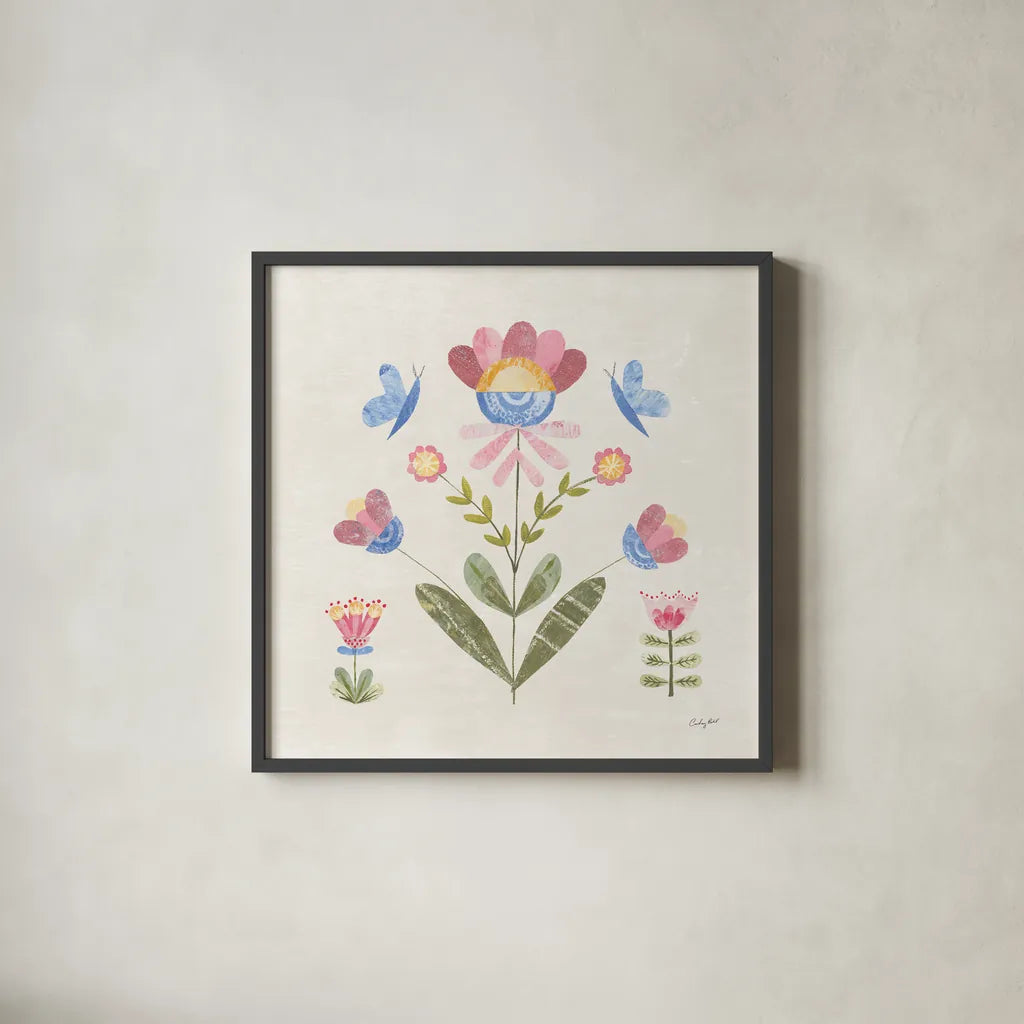 Folk Cottage III by Courtney Prahl. Shown in a sleek black glass frame for a contemporary gallery look. Available as an archival giclee rolled canvas, fine art paper, or poster print. SKU 84083a.