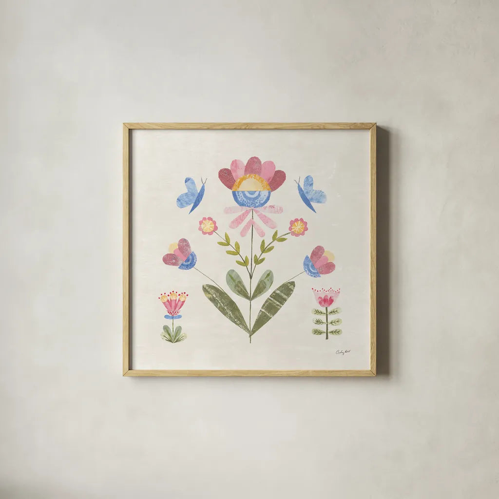 Folk Cottage III by Courtney Prahl. Shown in a natural wood glass frame for a timeless modern aesthetic. Available as an archival giclee rolled canvas, fine art paper, or poster print. SKU 84083a.