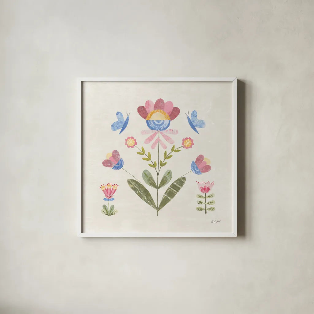 Folk Cottage III by Courtney Prahl. Shown in a crisp white glass frame for a clean and minimalist style. Available as an archival giclee rolled canvas, fine art paper, or poster print. SKU 84083a.