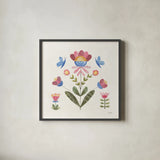 Folk Cottage III Bright by Courtney Prahl. Shown in a sleek black glass frame for a contemporary gallery look. Available as an archival giclee rolled canvas, fine art paper, or poster print. SKU 84202a.