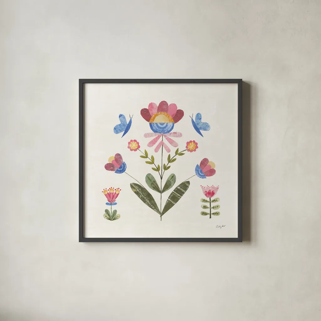 Folk Cottage III Bright by Courtney Prahl. Shown in a sleek black glass frame for a contemporary gallery look. Available as an archival giclee rolled canvas, fine art paper, or poster print. SKU 84202a.