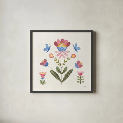 Folk Cottage III Bright by Courtney Prahl. Shown in a sleek black glass frame for a contemporary gallery look. Available as an archival giclee rolled canvas, fine art paper, or poster print. SKU 84202a.