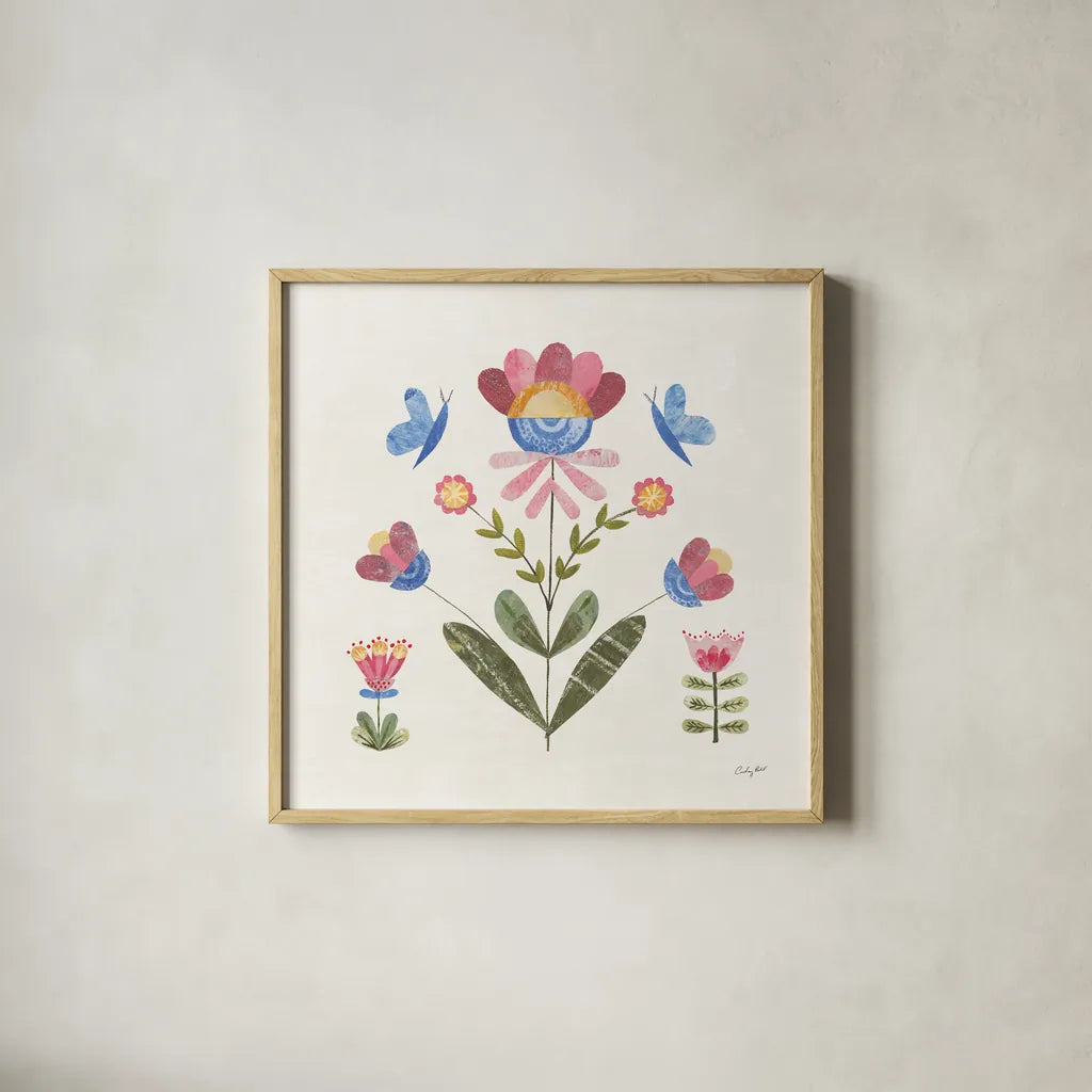 Folk Cottage III Bright by Courtney Prahl. Shown in a natural wood glass frame for a timeless modern aesthetic. Available as an archival giclee rolled canvas, fine art paper, or poster print. SKU 84202a.