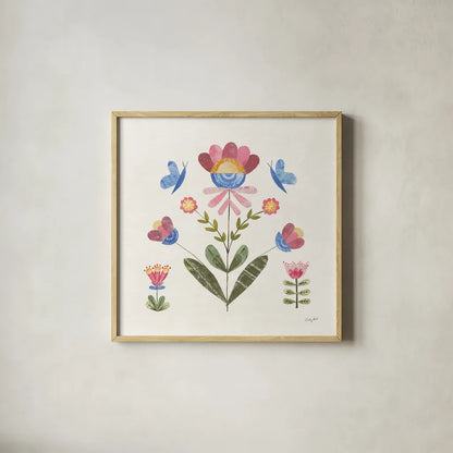 Folk Cottage III Bright by Courtney Prahl. Shown in a natural wood glass frame for a timeless modern aesthetic. Available as an archival giclee rolled canvas, fine art paper, or poster print. SKU 84202a.