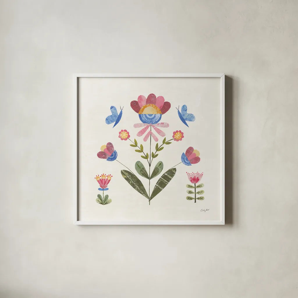 Folk Cottage III Bright by Courtney Prahl. Shown in a crisp white glass frame for a clean and minimalist style. Available as an archival giclee rolled canvas, fine art paper, or poster print. SKU 84202a.