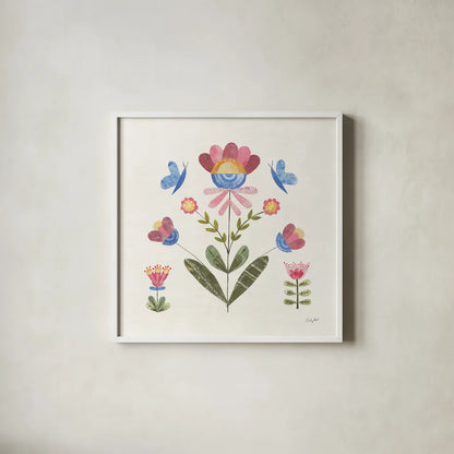 Folk Cottage III Bright by Courtney Prahl. Shown in a crisp white glass frame for a clean and minimalist style. Available as an archival giclee rolled canvas, fine art paper, or poster print. SKU 84202a.