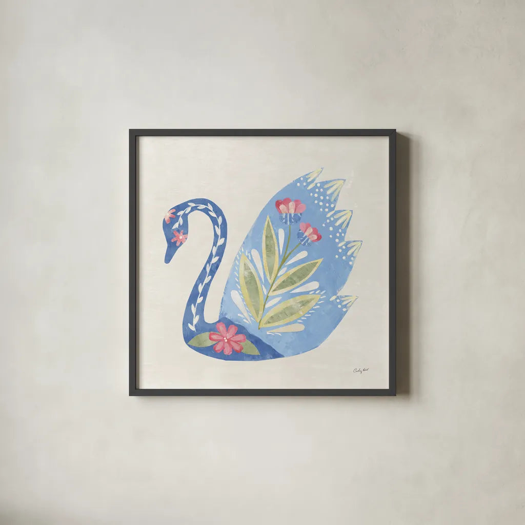 Folk Cottage IV by Courtney Prahl. Shown in a sleek black glass frame for a contemporary gallery look. Available as an archival giclee rolled canvas, fine art paper, or poster print. SKU 84084a.