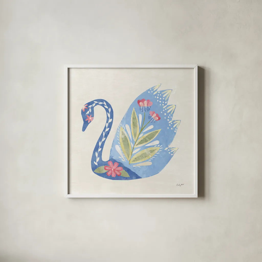 Folk Cottage IV by Courtney Prahl. Shown in a crisp white glass frame for a clean and minimalist style. Available as an archival giclee rolled canvas, fine art paper, or poster print. SKU 84084a.