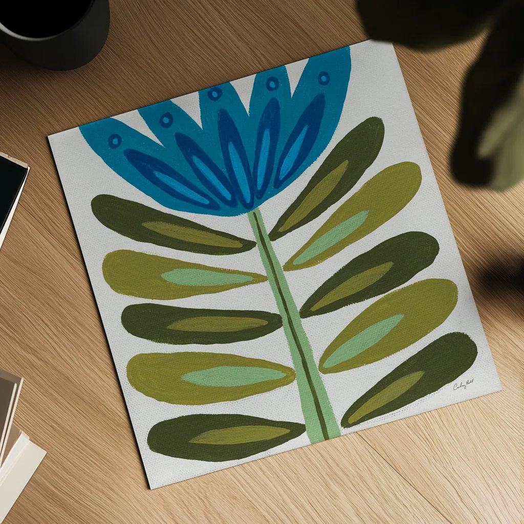 Folk Flower by Courtney Prahl. Shown as a detailed flat fine art print, highlighting archival giclee quality. Available as an archival giclee rolled canvas, fine art paper, or poster print. SKU 96977a.