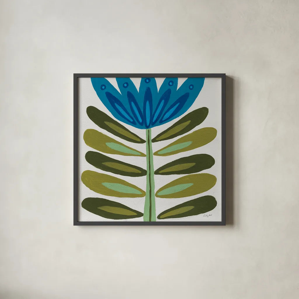 Folk Flower by Courtney Prahl. Shown in a sleek black glass frame for a contemporary gallery look. Available as an archival giclee rolled canvas, fine art paper, or poster print. SKU 96977a.