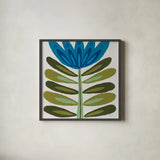 Folk Flower by Courtney Prahl. Shown in a sleek black glass frame for a contemporary gallery look. Available as an archival giclee rolled canvas, fine art paper, or poster print. SKU 96977a.