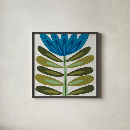 Folk Flower by Courtney Prahl. Shown in a sleek black glass frame for a contemporary gallery look. Available as an archival giclee rolled canvas, fine art paper, or poster print. SKU 96977a.