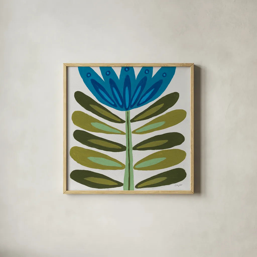 Folk Flower by Courtney Prahl. Shown in a natural wood glass frame for a timeless modern aesthetic. Available as an archival giclee rolled canvas, fine art paper, or poster print. SKU 96977a.