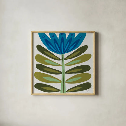 Folk Flower by Courtney Prahl. Shown in a natural wood glass frame for a timeless modern aesthetic. Available as an archival giclee rolled canvas, fine art paper, or poster print. SKU 96977a.