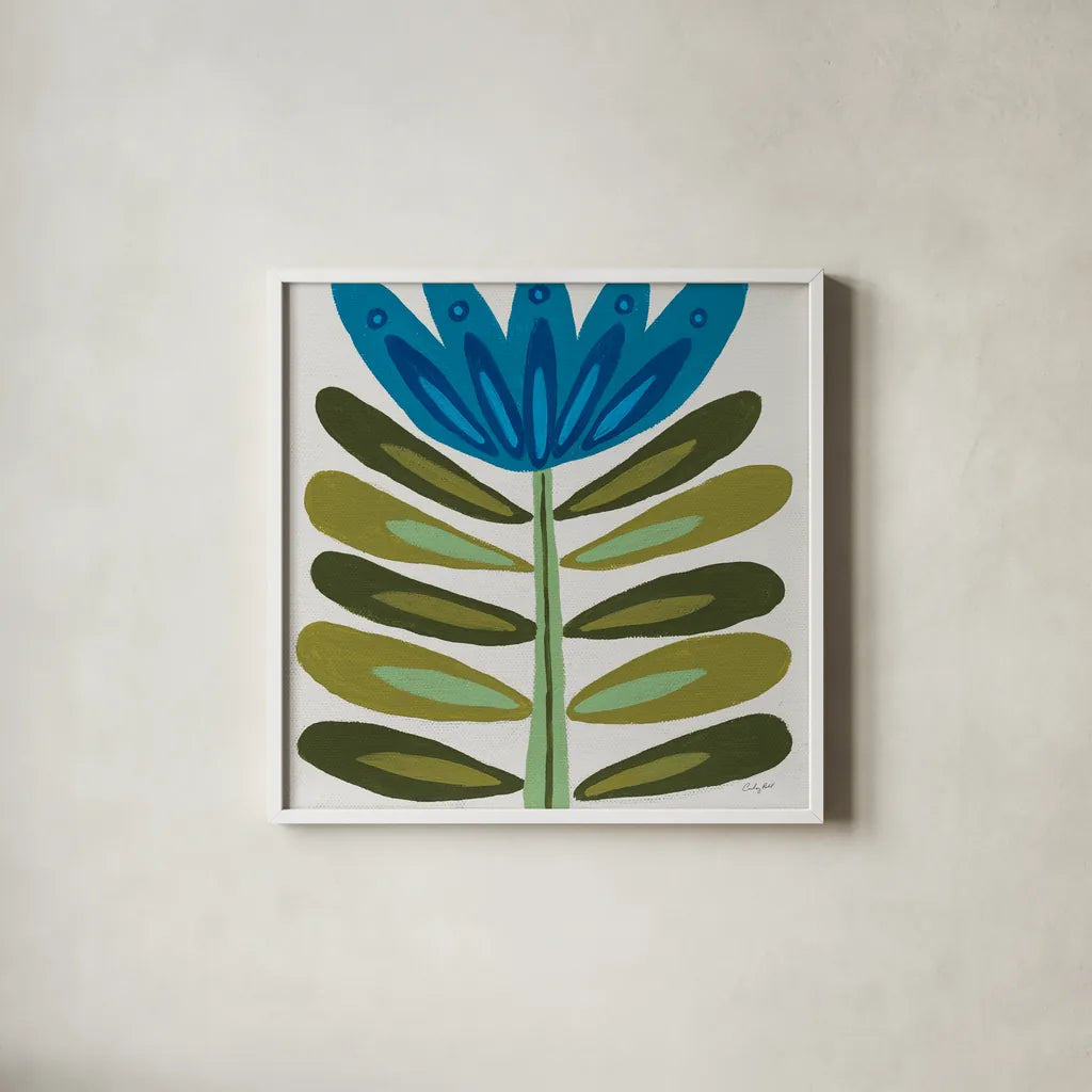 Folk Flower by Courtney Prahl. Shown in a crisp white glass frame for a clean and minimalist style. Available as an archival giclee rolled canvas, fine art paper, or poster print. SKU 96977a.